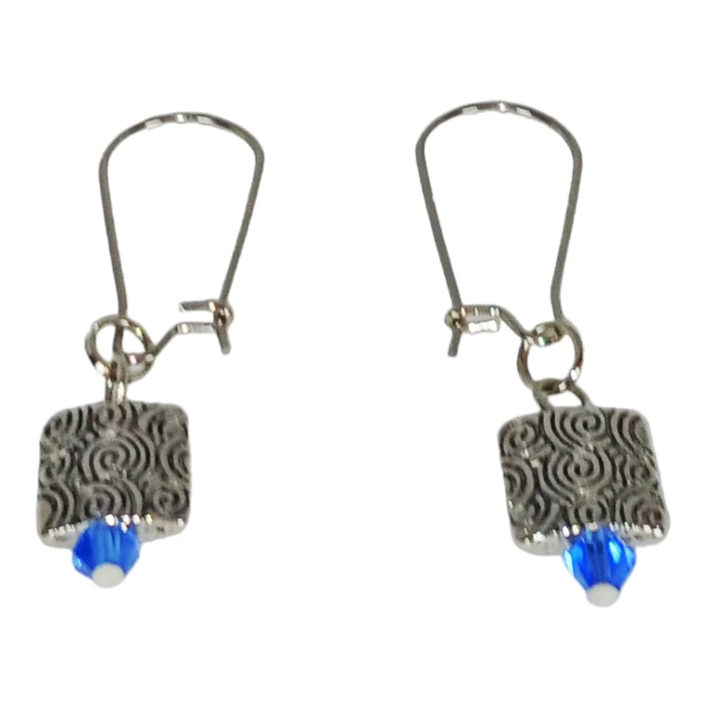 Hypoallergenic Stainless Steel Earrings Silver Scrolls Blue Beads Boho Eclectic